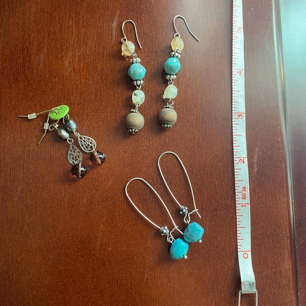 Three pair Turquoise and Silver Dangle Earrings